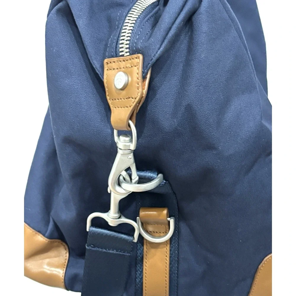Brooks Brothers Navy Canvas Leather Trim Weekender Duffel Travel Bag Plaid